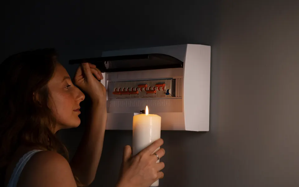 Una donna controlla il quadro elettrico al buio con una candela in mano